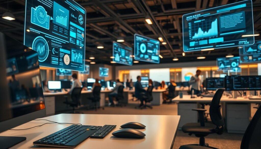 A bustling office setting, filled with digital devices and holographic displays, showcases the seamless integration of AI into modern workflows. In the foreground, a sleek, futuristic desk holds a keyboard, mouse, and a tablet displaying complex data visualizations. Overhead, translucent screens project real-time analytics and interactive dashboards, while the background features rows of workstations and collaborating teams, all immersed in a warm, ambient lighting that accentuates the clean, minimalist aesthetic. The scene conveys a sense of efficiency, innovation, and the transformative power of AI-driven technologies in revolutionizing the digital age workplace.
