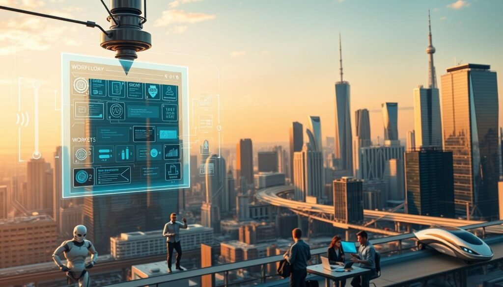 A futuristic city skyline, gleaming with advanced technology. In the foreground, an AI-powered workflow interface hovers, its holographic displays and intuitive controls showcasing a seamless integration of human and machine. Mid-ground, robotic assistants work alongside office workers, collaborating effortlessly. In the background, towering skyscrapers and sleek transportation systems illustrate the Next-Gen infrastructure supporting this enhanced workflow. Warm, natural lighting bathes the scene, creating a sense of innovation and progress. The overall atmosphere conveys a vision of a harmonious, efficient, and AI-driven future of work.