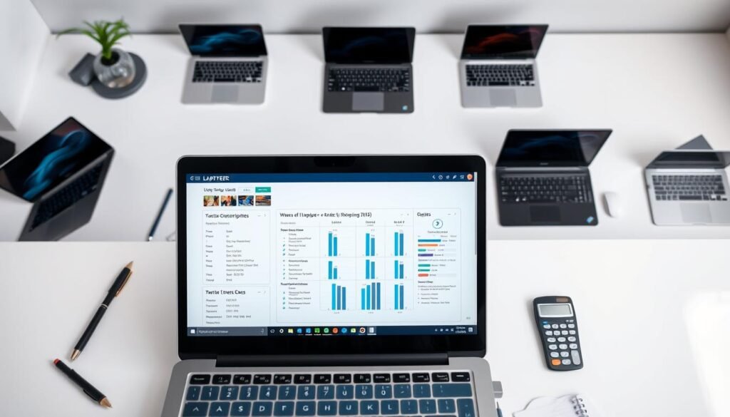 A high-quality, detailed laptop buying guide shown from an overhead perspective, with a clean, modern layout. The foreground features an open laptop displaying various technical specifications and comparison charts on the screen, surrounded by office supplies like a pen, notebook, and calculator. The middle ground showcases an array of different laptop models, each with unique designs and features. The background depicts a sleek, minimal workspace with clean lines, neutral tones, and subtle lighting, creating a professional, informative atmosphere. The overall scene conveys a sense of thoughtful research and informed decision-making for the prospective laptop buyer.