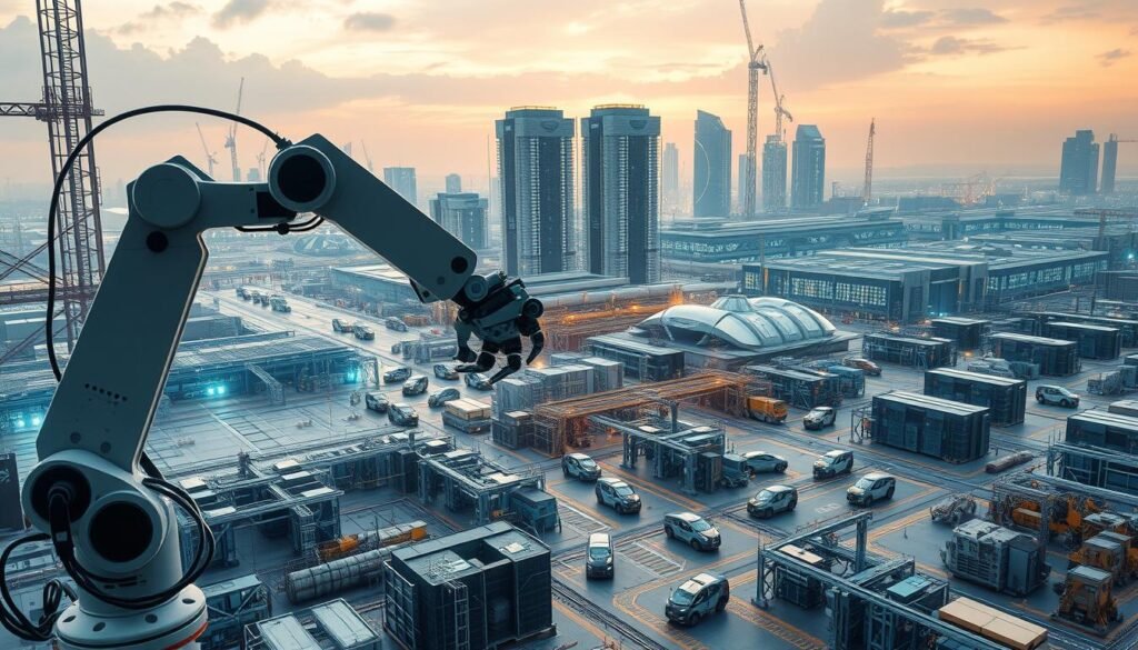 A highly advanced AI-powered industrial landscape, showcasing the myriad applications of cutting-edge technology. In the foreground, a sleek robotic arm expertly assembles intricate components, its movements guided by a network of sensors and intelligent algorithms. The middle ground features a bustling factory floor, where autonomous vehicles navigate through the workspace, seamlessly coordinating tasks and optimizing workflows. In the background, towering skyscrapers and sprawling data centers house the powerful computing infrastructure that powers these transformative AI systems, their futuristic architecture bathed in a warm, ambient glow. The scene radiates a sense of efficiency, innovation, and the boundless potential of AI to revolutionize modern industry.