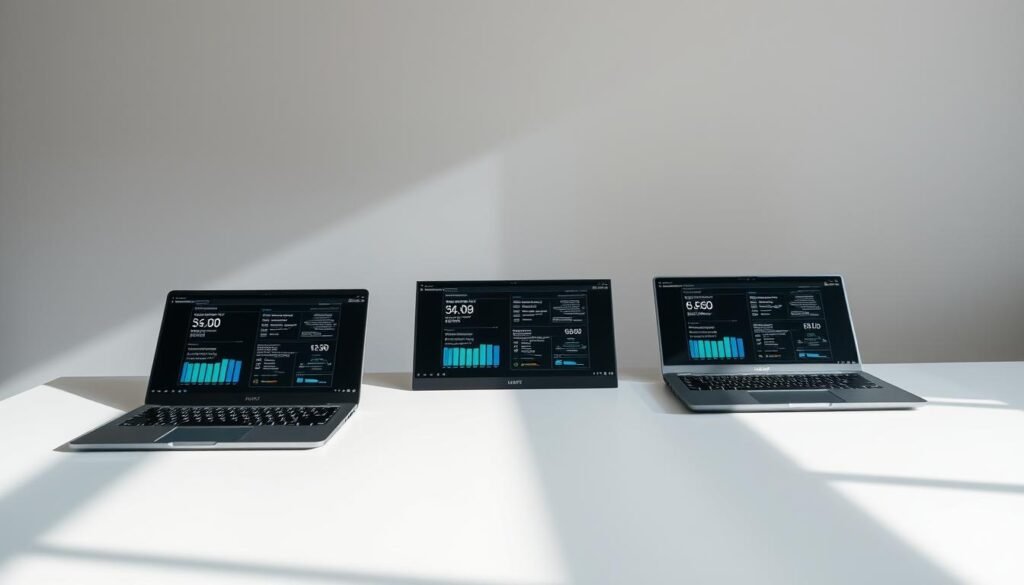 A laptop performance comparison showcased in a sleek, modern setting. A trio of high-end laptops arranged side-by-side on a clean, minimalist desk, their screens illuminated with detailed technical specifications and benchmarking results. Soft, directional lighting casts subtle shadows, highlighting the laptops' premium designs and materials. In the background, a plain, gradient wall serves as a neutral backdrop, allowing the laptops to take center stage. The overall mood is one of thoughtful, analytical comparison, inviting the viewer to closely examine the key features that distinguish these top-of-the-line machines.