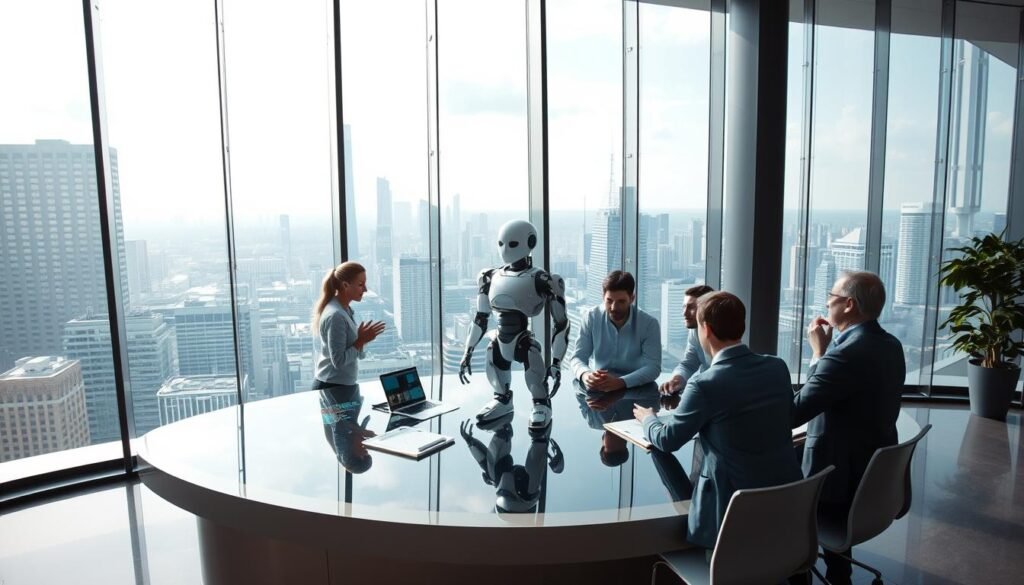 A panoramic view of a sleek, modern office space with glass walls and abundant natural light. In the foreground, several businesspeople are gathered around a large, curved desk, deep in discussion, their faces animated with excitement as they review holographic displays and data visualizations floating above the surface. In the middle ground, an AI assistant in the form of a humanoid robot stands ready to assist, its mechanical limbs and smooth, metallic chassis gleaming under the soft, diffused lighting. The background depicts the bustling cityscape outside, with towering skyscrapers and a vibrant skyline visible through the expansive windows, creating a sense of a dynamic, tech-driven world. The overall atmosphere conveys a vision of AI-powered workflow enhancements, seamlessly blending human expertise and cutting-edge technology to drive innovation and productivity.