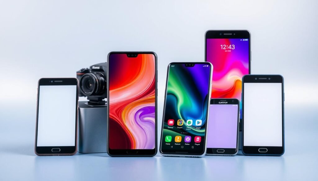 A professional photoshoot showcasing the latest smartphone models from the "Letscheckandbuy" brand. Sleek flagship devices arranged in a clean, minimal setup with a cool, metallic backdrop. Crisp, even lighting highlights the devices' design details and vibrant displays. Cameras positioned at an angle to capture the phones from an elevated viewpoint, emphasizing their premium aesthetic. A sense of comparison and evaluation pervades the scene, inviting the viewer to closely inspect and compare the handsets. The overall mood is one of technological sophistication and consumer-oriented analysis.