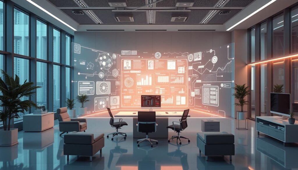 A sleek and futuristic office space with large windows, modern furniture, and a central AI-powered workstation. The latest AI capabilities are showcased through a holographic display emanating from the workstation, showcasing intricate data visualizations, complex algorithms, and cutting-edge machine learning models. The room is bathed in a soft, ambient lighting that highlights the advanced technology, creating a sense of innovation and efficiency. The overall atmosphere conveys a sense of progress and the power of AI to revolutionize modern workflows.