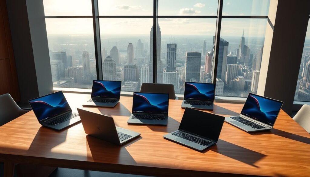 A sleek and modern office setting, with a large wooden desk in the foreground. On the desk are several high-end laptops, each representing a top model from 2023. The laptops are arranged in a dynamic, visually appealing layout, showcasing their distinctive designs and features. The lighting is soft and natural, casting subtle shadows that accentuate the laptops' forms. In the background, a large window offers a panoramic view of a vibrant city skyline, creating a sense of sophistication and advancement. The overall atmosphere is one of professional evaluation, guiding the viewer to compare and contrast the top laptop options for the year.