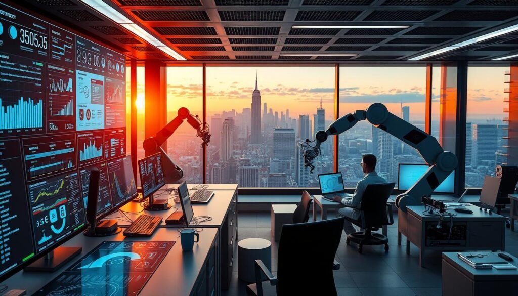 A sleek, futuristic office space where AI-powered workflow automation is in action. In the foreground, various digital interfaces and dashboards display real-time analytics, task progress, and optimized schedules. Mid-ground features robotic arms and autonomous devices seamlessly integrating with human workers, streamlining repetitive processes. The background reveals a panoramic city skyline, bathed in the warm glow of sunset, symbolizing the transformative potential of this technological revolution. Cutting-edge lighting and camera angles convey a sense of efficiency, innovation, and a harmonious collaboration between man and machine.