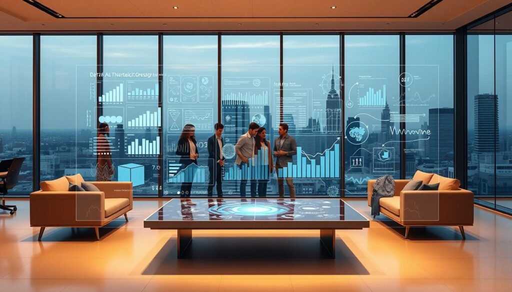 A sleek, minimalist office setting with large windows and modern furniture. In the foreground, a dynamic holographic display showcases an array of AI-powered data visualizations, algorithms, and machine learning models. The middle ground features a team of professionals in casual attire, collaborating around a large, interactive touchscreen table. In the background, a futuristic city skyline is visible through the windows, suggesting the cutting-edge, innovative nature of the AI solutions. The lighting is warm and ambient, creating a sense of productivity and technological progress. The overall mood is one of excitement, innovation, and the transformative potential of AI-driven workflows.