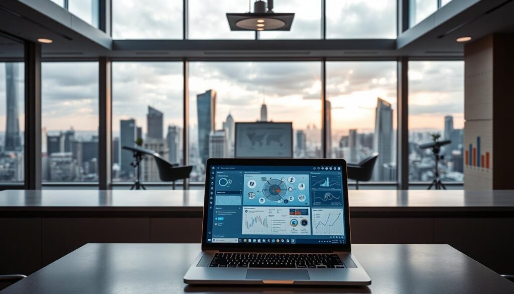 A sleek, modern office interior with floor-to-ceiling windows overlooking a dynamic cityscape. In the foreground, a desk with a cutting-edge laptop showcasing the latest AI-powered software interface, complete with intuitive controls and vivid data visualizations. Discreet, intelligent lighting fixtures cast a warm, productive glow, while the middle ground features ergonomic chairs and a collaborative whiteboard displaying complex algorithms. In the background, a panoramic view of the bustling metropolis, symbolizing the transformative potential of this new AI-driven workflow.