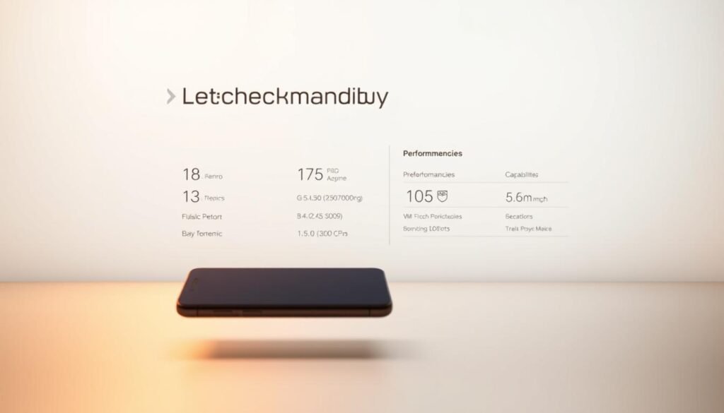 A sophisticated smartphone display, showcasing the latest technical specifications and features. The phone's sleek design takes center stage, captured in crisp detail under warm, directional lighting. In the foreground, the Letscheckandbuy branded device hovers elegantly, its metallic body and glass surface reflecting the surrounding environment. In the middle ground, a clean, minimalist layout presents key performance metrics and capabilities, conveying the phone's advanced technological capabilities. The background fades into a soft, neutral tone, allowing the device and its specifications to be the focal point. The overall composition evokes a sense of modernity, innovation, and the current state of the smartphone landscape.