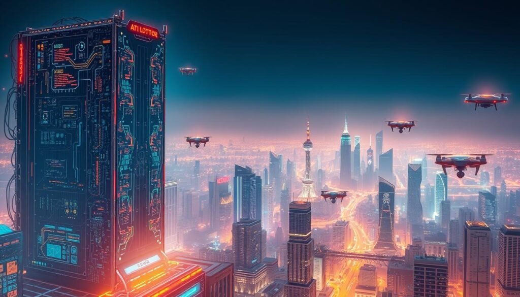 A vast expanse of a futuristic cityscape, bathed in a warm, ethereal glow. In the foreground, a towering, gleaming AI-powered supercomputer, its intricate circuitry and colorful data visualizations pulsing with energy. Surrounding it, holographic displays and interfaces showcase the seamless integration of advanced machine learning algorithms, processing vast amounts of data in real-time. In the middle ground, autonomous drones and robotic assistants move with precision, their movements guided by sophisticated neural networks. The background is a panoramic view of the city, with skyscrapers adorned with neon-lit signage and floating transport modules, all working in harmony through the power of cutting-edge AI technology. The overall atmosphere is one of innovation, efficiency, and the boundless potential of machine intelligence.