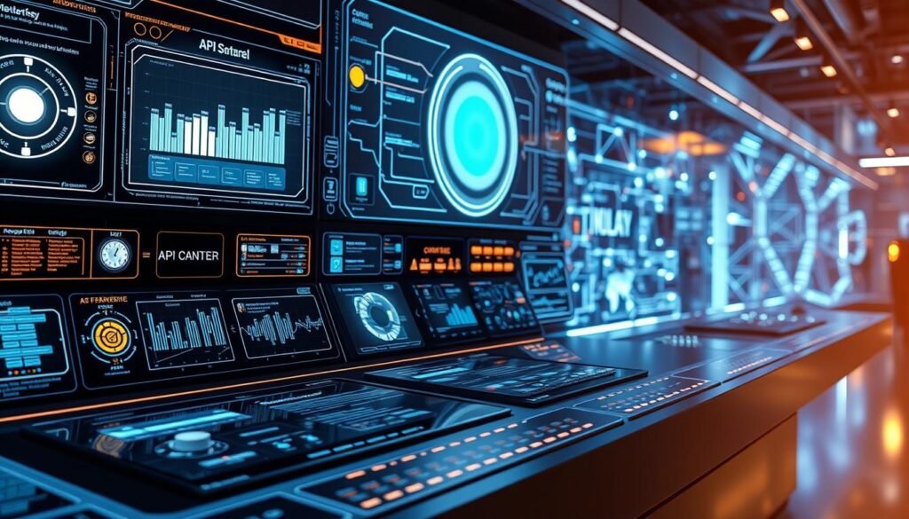 Sleek and seamless workflow integration driven by advanced AI systems. A futuristic control panel with holographic displays, intuitive interfaces, and dynamic visualizations of data flows. In the foreground, intelligent software agents orchestrate the automation of various business processes, while in the background, a complex network of interconnected systems hums with efficient data exchange. Diffused lighting casts a warm, ambient glow, creating a sense of technological sophistication and effortless productivity. The overall atmosphere conveys a vision of a highly streamlined, AI-empowered work environment.