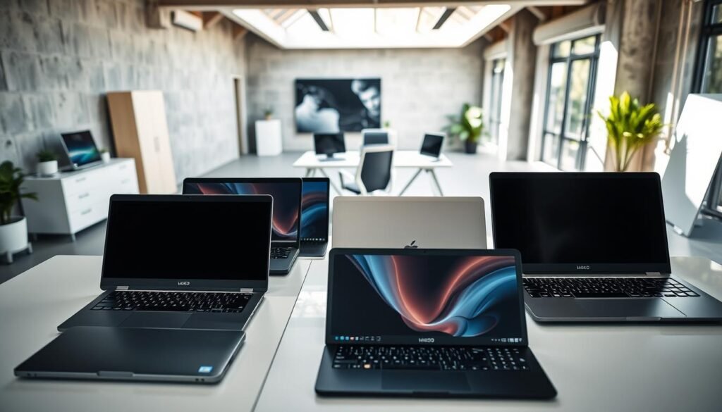 a photo of a well-lit, high-angle shot showcasing the top laptop brands on display. The foreground features an array of laptops from leading manufacturers, their sleek designs and distinctive logos prominently visible. The middle ground includes a minimalist office setting with a clean desk, ergonomic chair, and large window letting in natural light. The background depicts a modern, open-concept workspace with concrete walls and hints of greenery, creating a professional yet inviting atmosphere. The overall composition conveys a sense of authority, quality, and consumer choice in the laptop market.